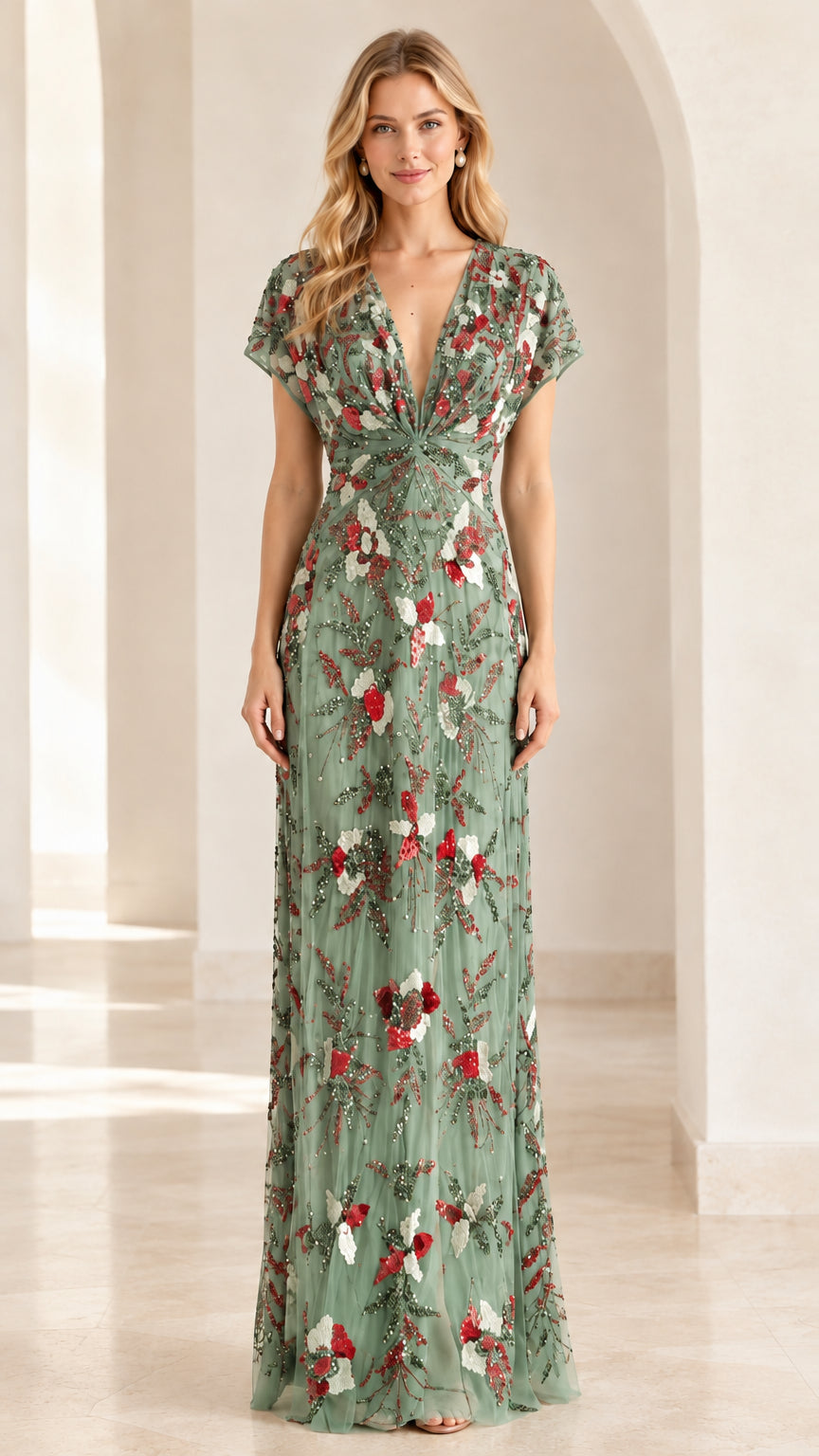 Front view of sage green floral embroidered floor-length gown