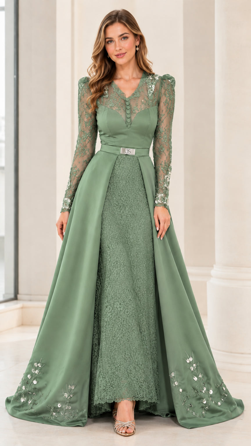 Model wearing Sage Green long sleeve lace evening gown with full overskirt