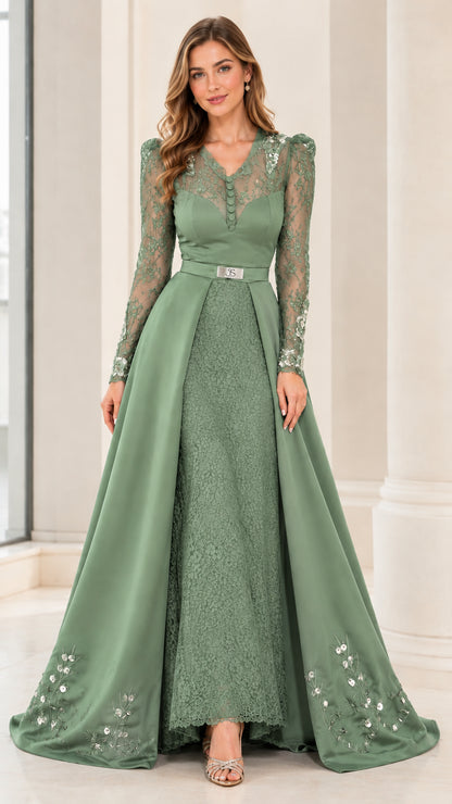 Model wearing Sage Green long sleeve lace evening gown with full overskirt