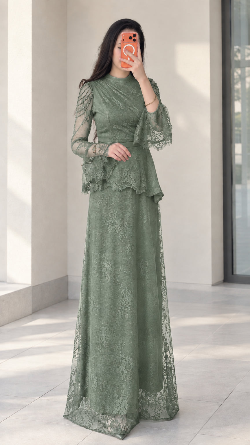 Sage Green beaded floral lace peplum evening dress