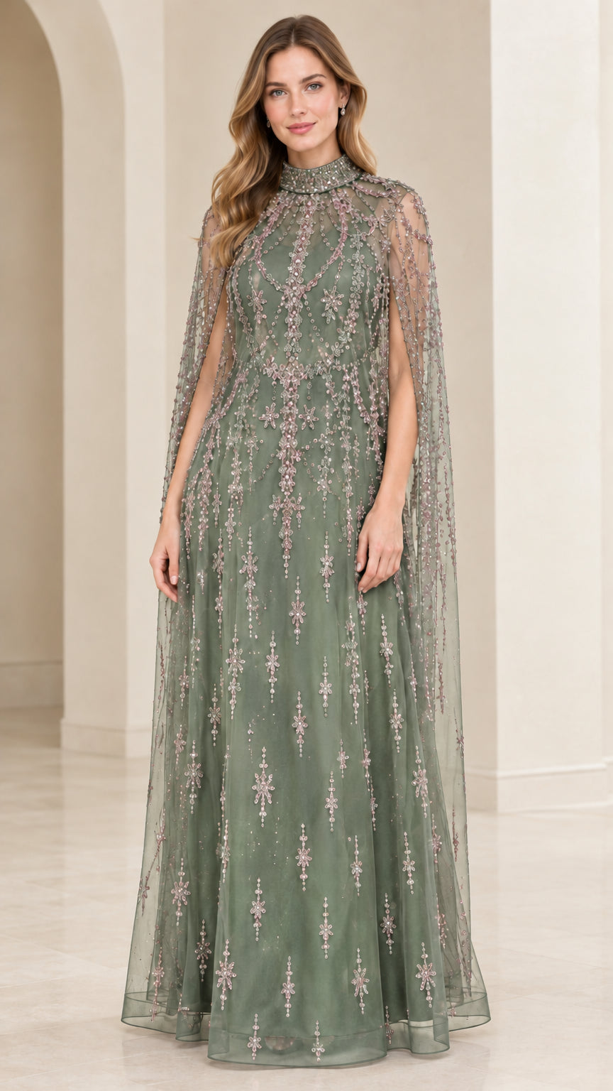 Model wearing Sage Green embroidered high-neck cape formal dress