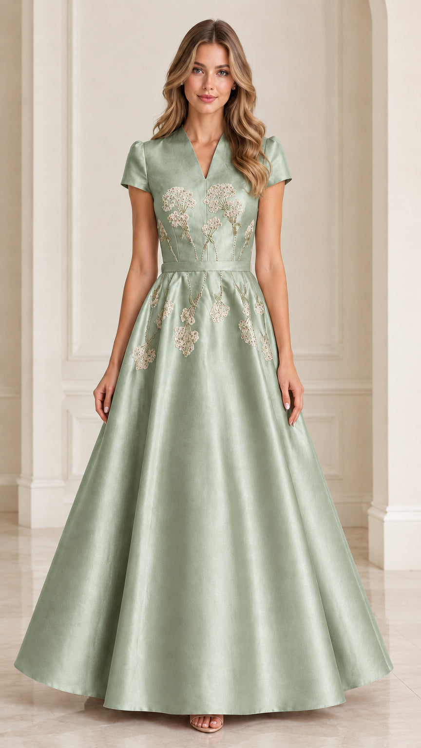 Front view of model wearing Sage Green beaded satin formal dress