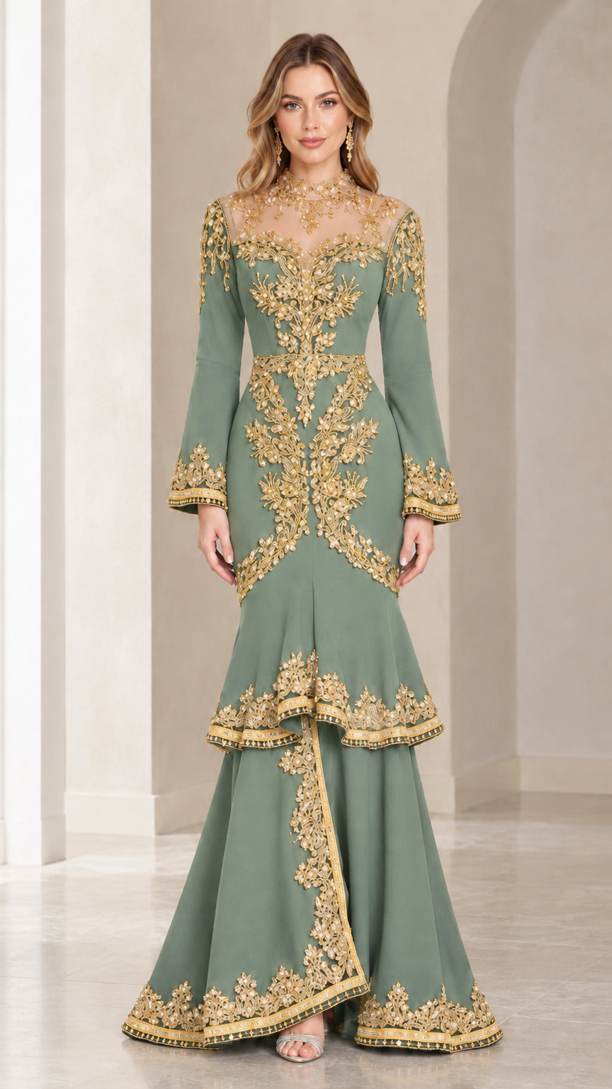 Sage green illusion neckline formal gown adorned with gold metallic lace