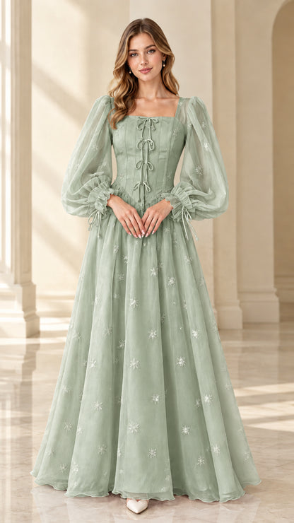 Front view of sage green Renaissance style puff sleeve evening gown