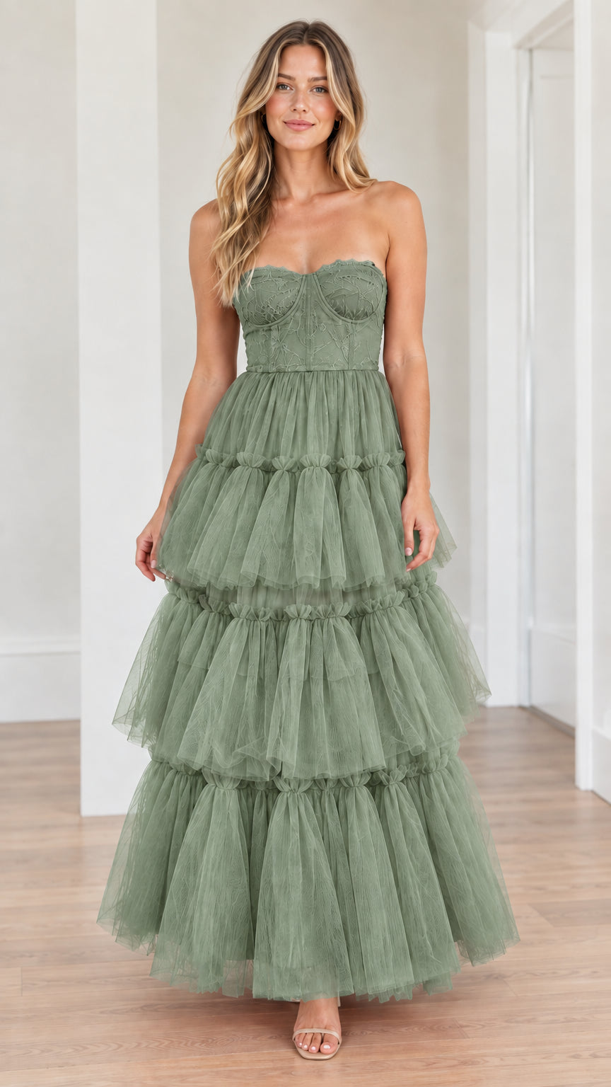 Sage green strapless lace corset tiered tulle maxi dress