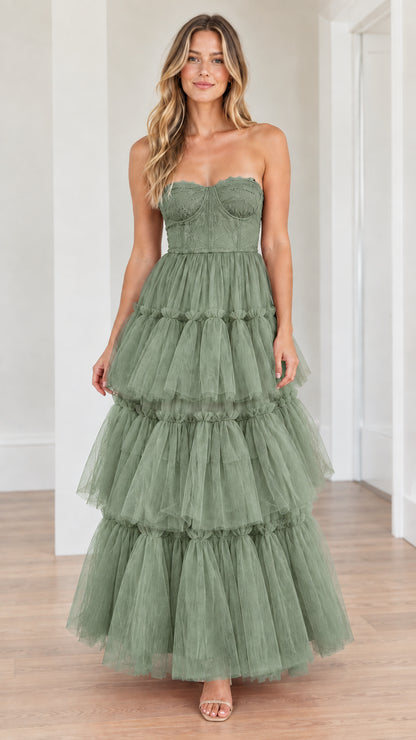Sage green strapless lace corset tiered tulle maxi dress