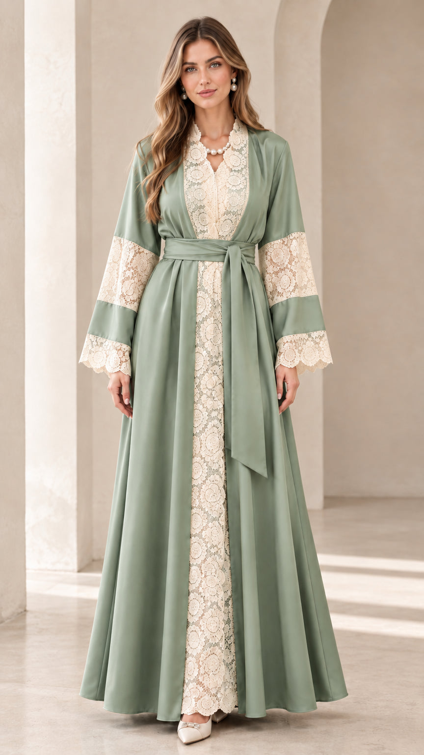 Front full view of Sage Green floral lace panel modest maxi dress