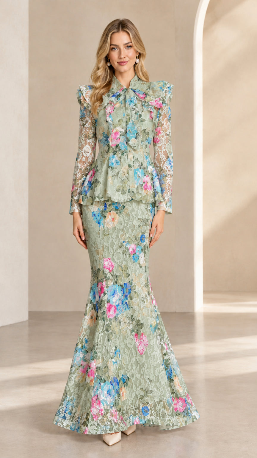 Sage green floral lace peplum mermaid skirt set