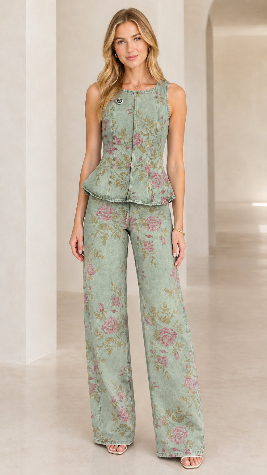 Sage Green floral denim matching peplum top and wide leg pants set