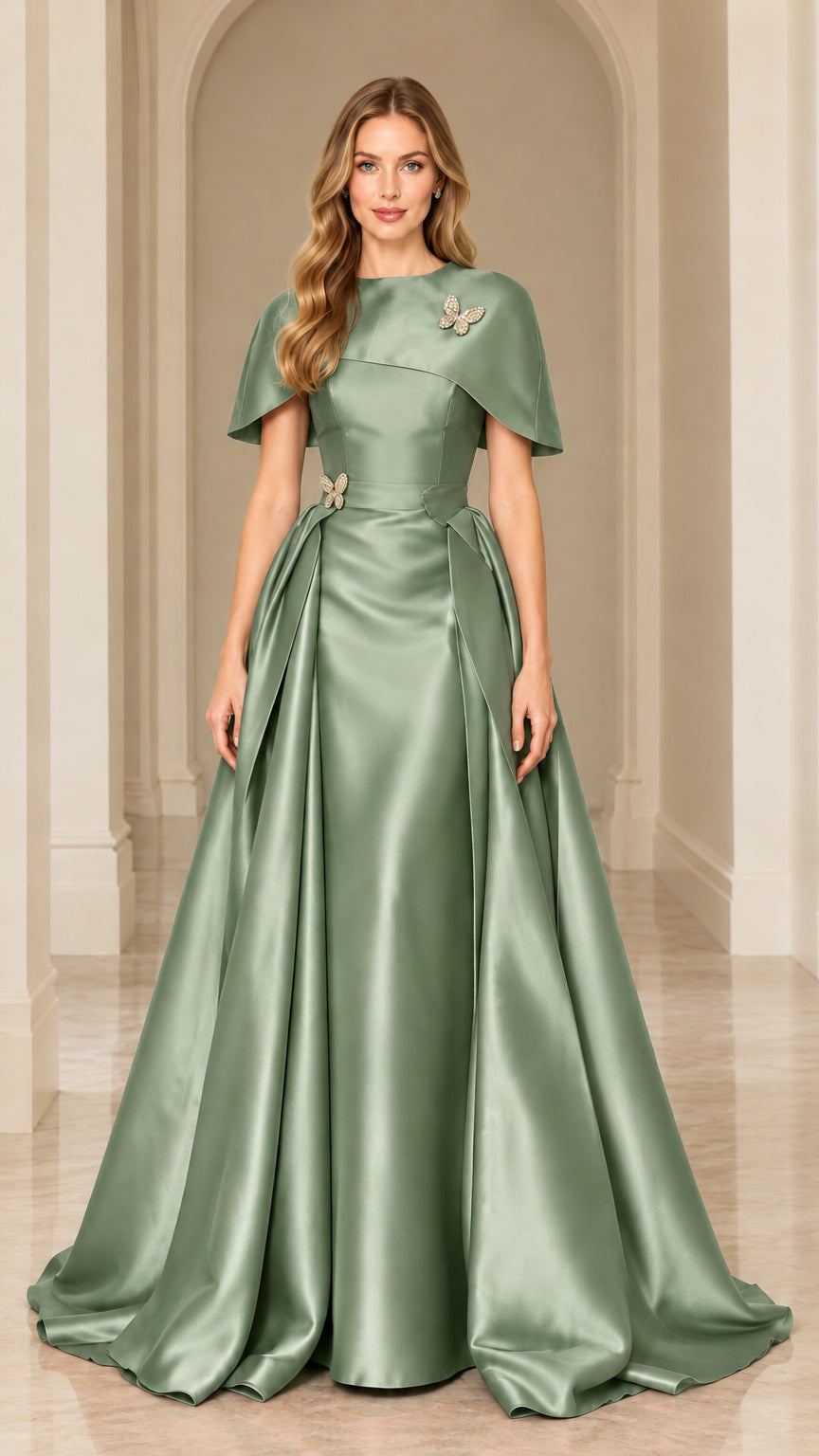 Sage green satin capelet evening gown with sparkling butterfly brooches