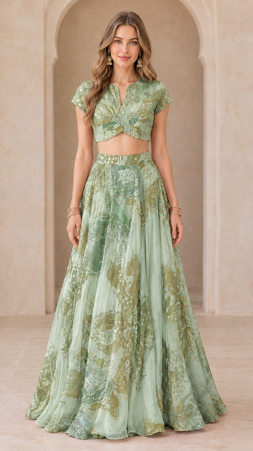 Sage green printed two-piece crop top and maxi skirt set front view