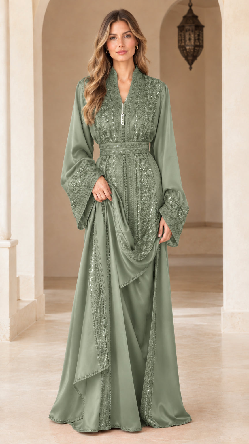 Model wearing sage green embroidered sequin belted kaftan maxi dress