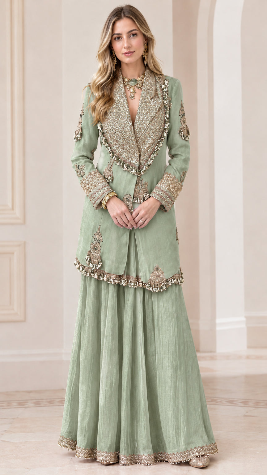 Sage Green tailored embroidered long jacket and flared sharara set