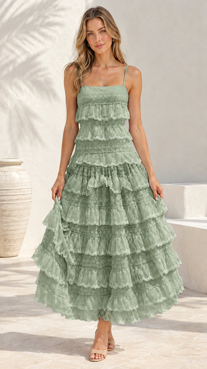Front view of woman wearing Sage Green tiered eyelet lace cami maxi dress