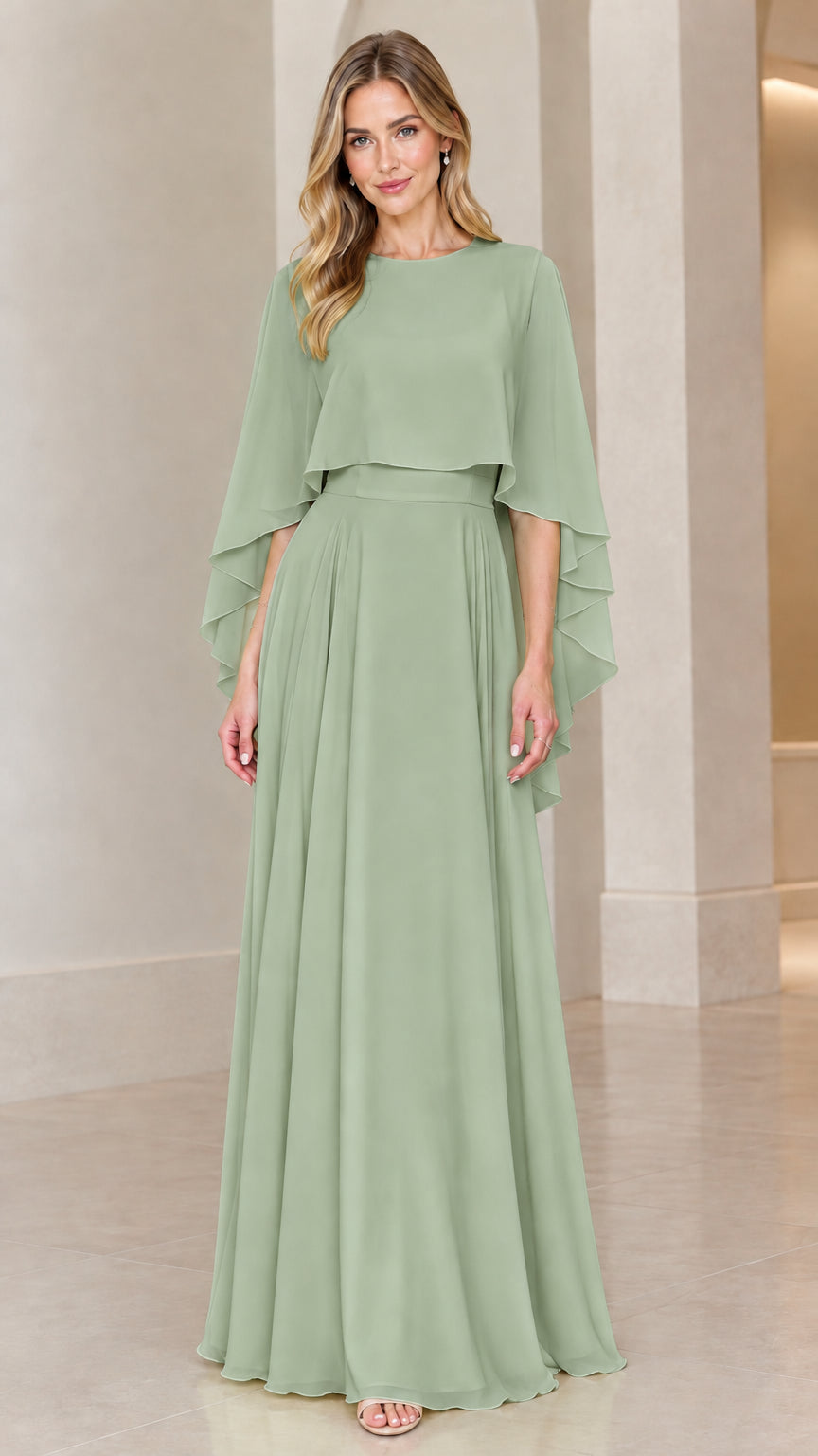 Front view of model wearing sage green chiffon capelet evening maxi dress