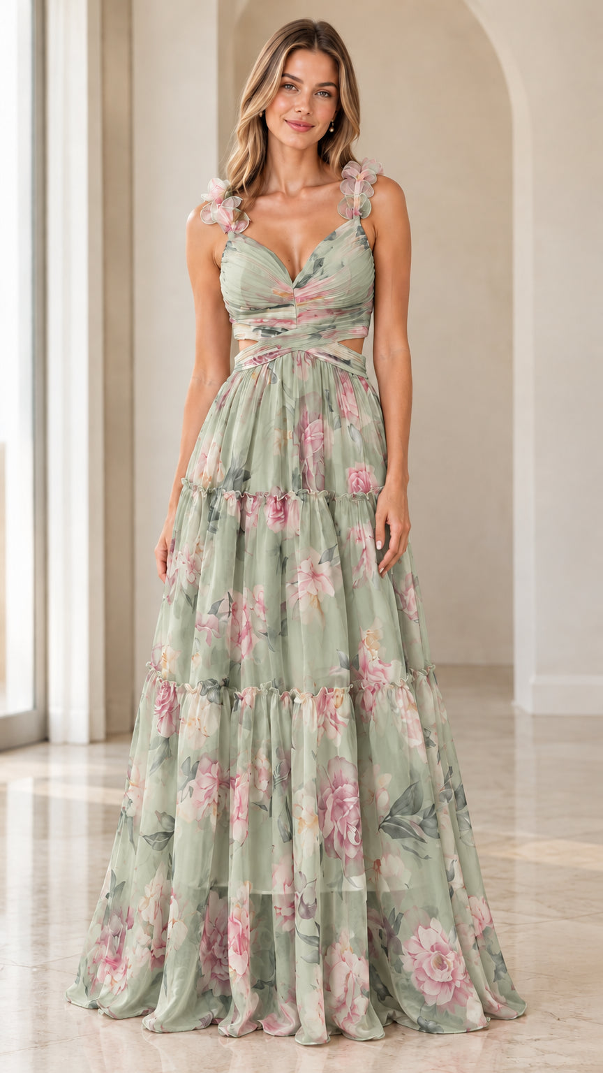 Front view of sage green floral print cutout tiered maxi evening dress