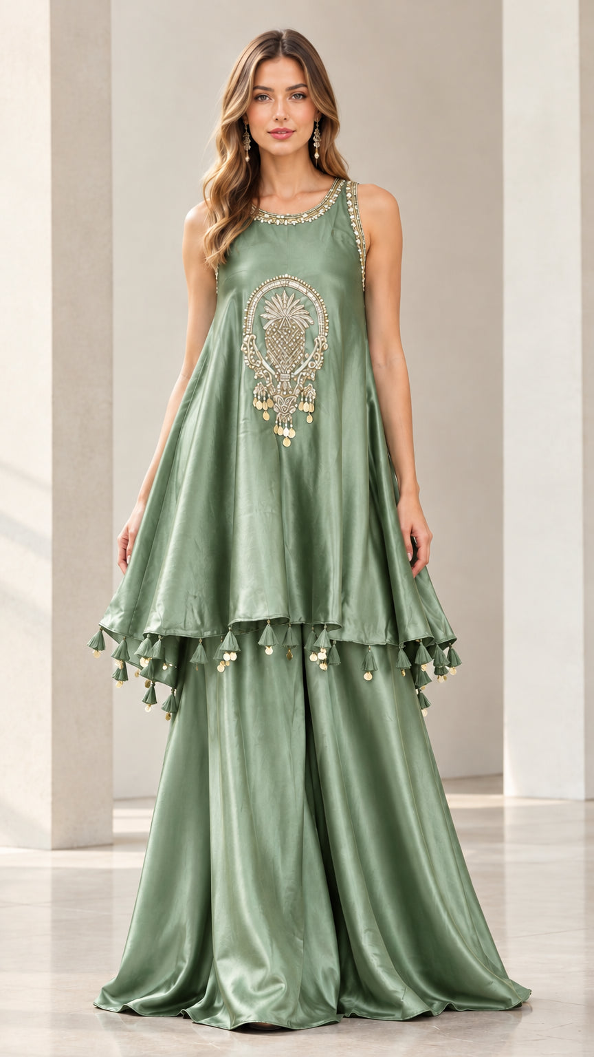 Front view of woman wearing Sage Green embroidered sleeveless tunic and wide-leg pants set