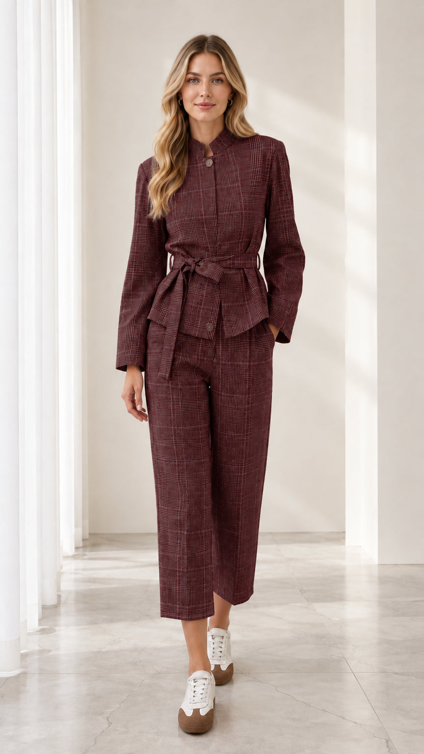 Full front view of model wearing burgundy red plaid belted blazer and trouser suit set