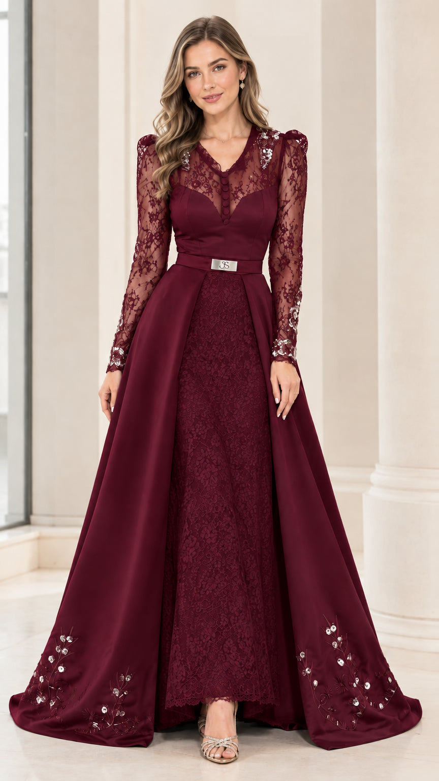Model wearing Burgundy wine lace long sleeve gala evening dress