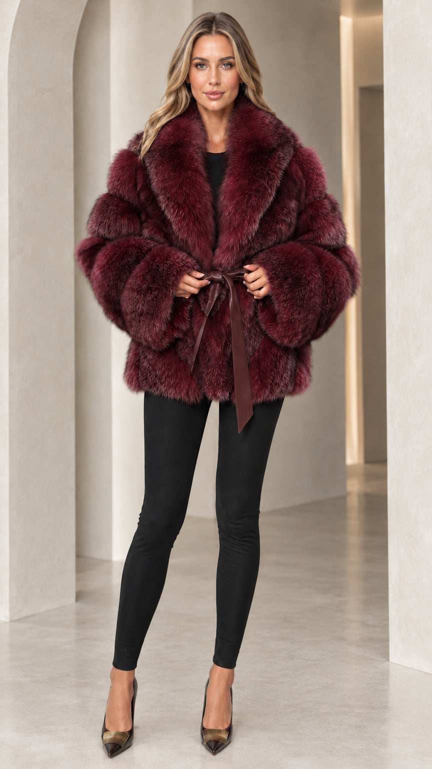 Front full view of woman wearing Burgundy wine red plush faux fur belted coat