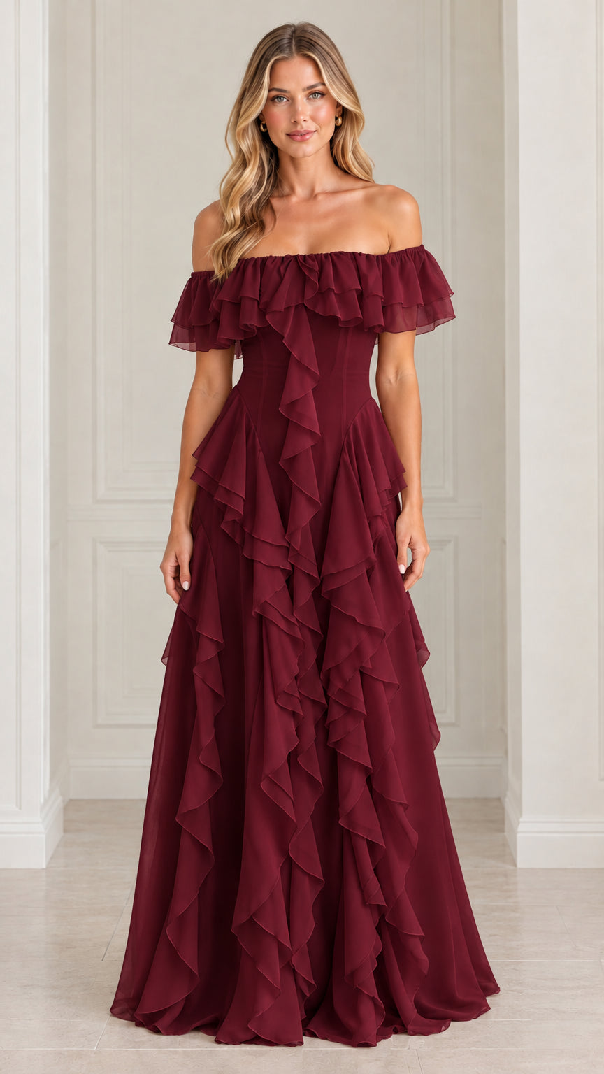 Front view of burgundy wine off-the-shoulder ruffle maxi dress