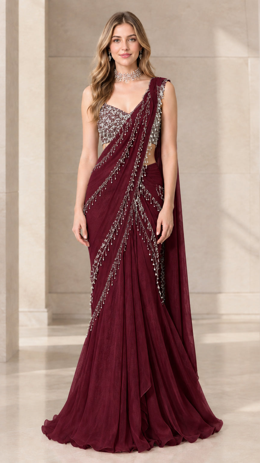 Front view of model wearing Burgundy wine pre-draped saree gown with fringe accents