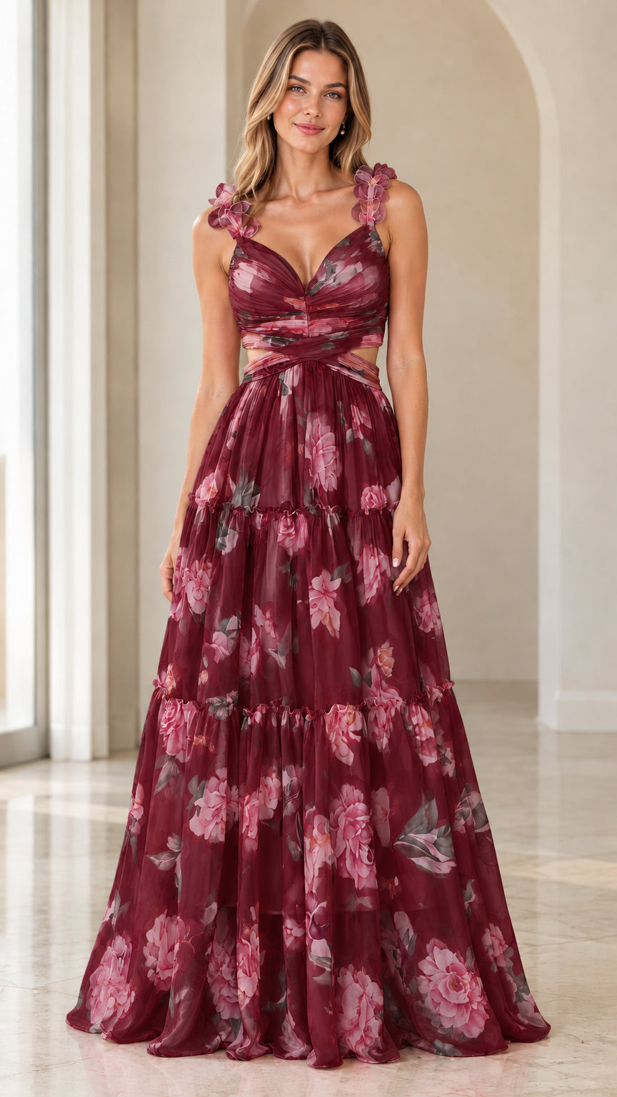 Front view of burgundy floral print sleeveless tiered cutout maxi gown