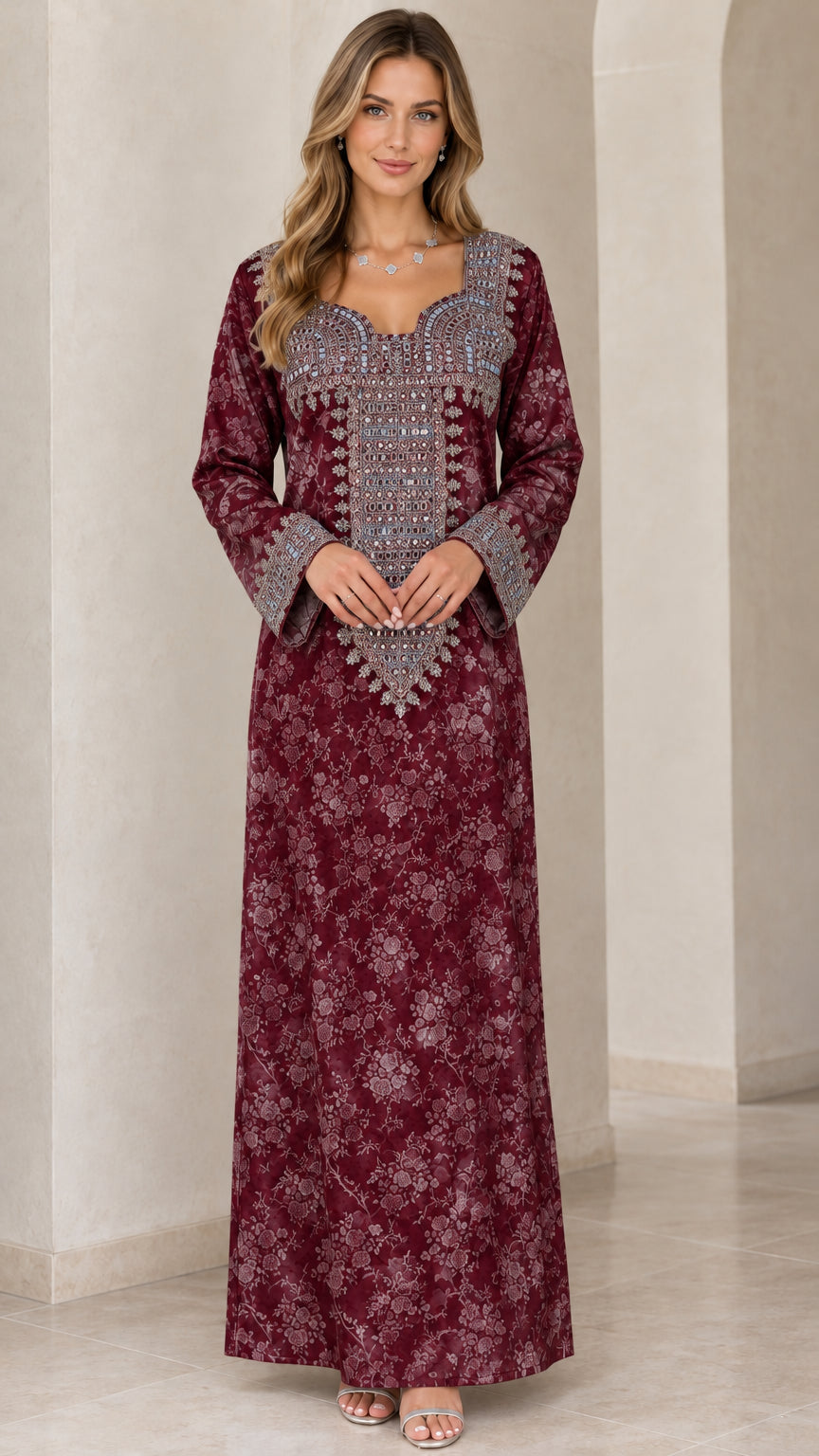 Burgundy wine red embroidered maxi kaftan dress