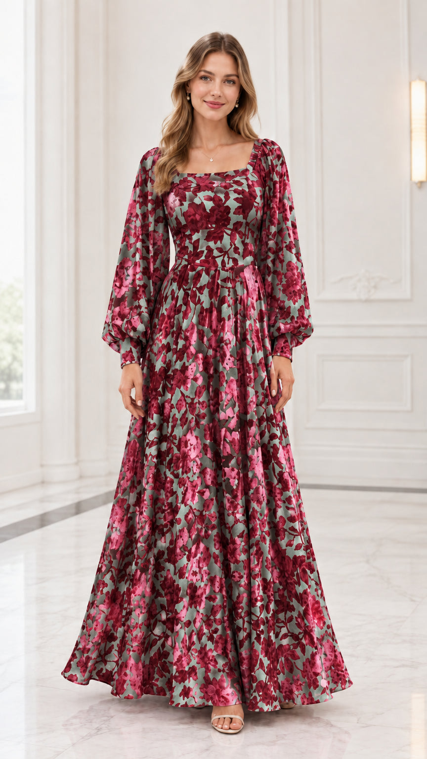 Wine red floral long sleeve square neck maxi dress