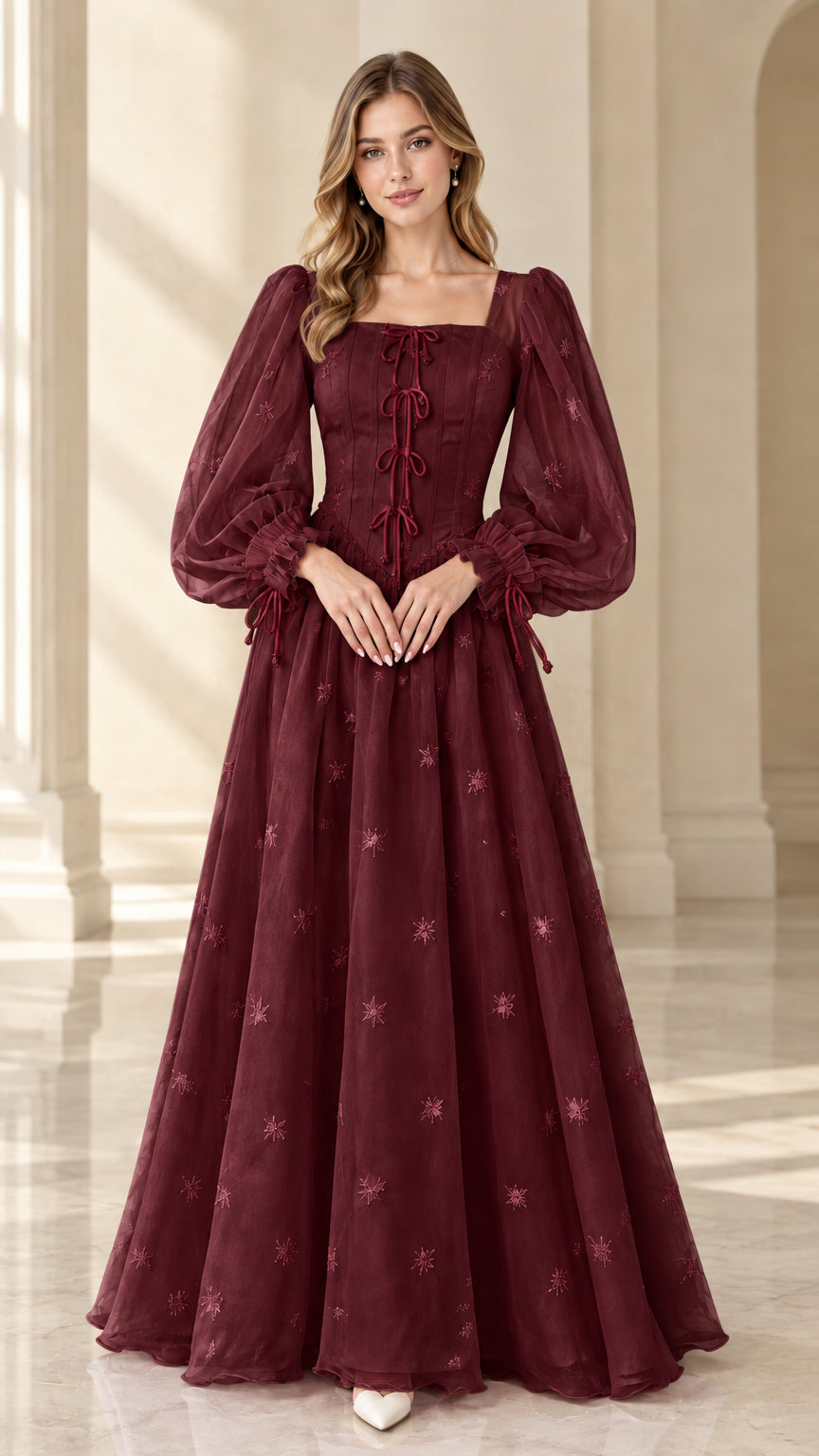 Front view of rich burgundy red embroidered corset formal maxi dress