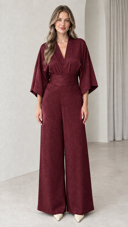 Front view of model wearing Burgundy wine kimono sleeve wide leg jumpsuit