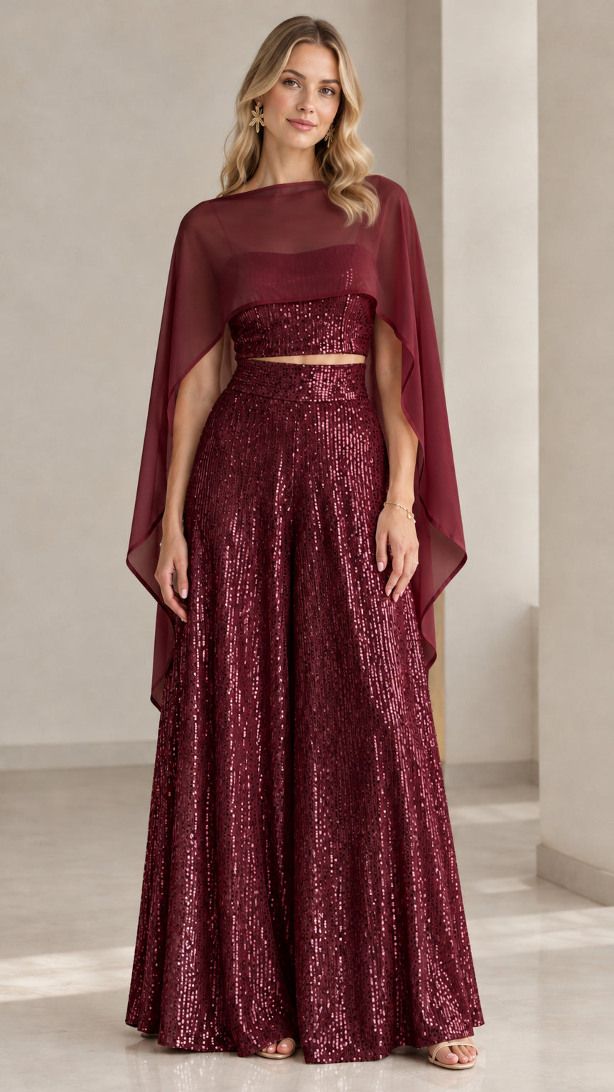 Burgundy wine sequin formal pants set styled with flowing burgundy capelet