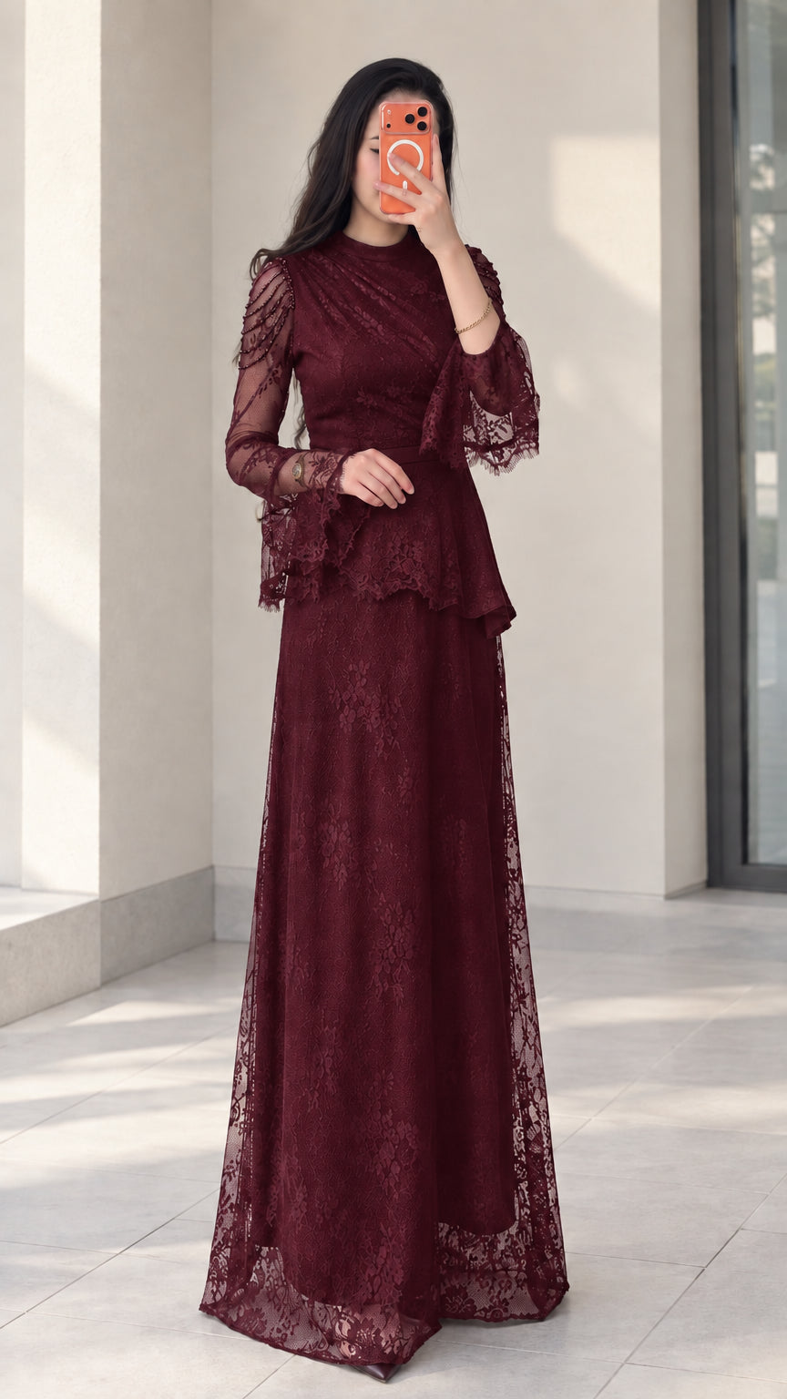 Burgundy wine red beaded long sleeve lace maxi gown