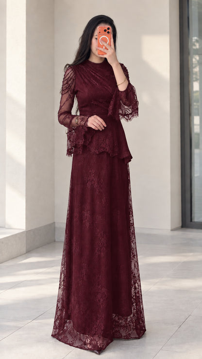 Burgundy wine red beaded long sleeve lace maxi gown