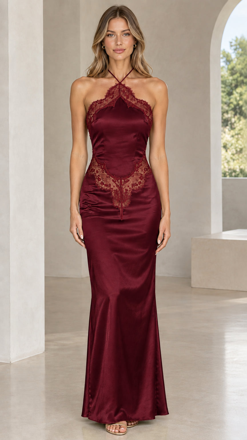 Front view of model wearing burgundy satin halter maxi dress with tonal lace trim