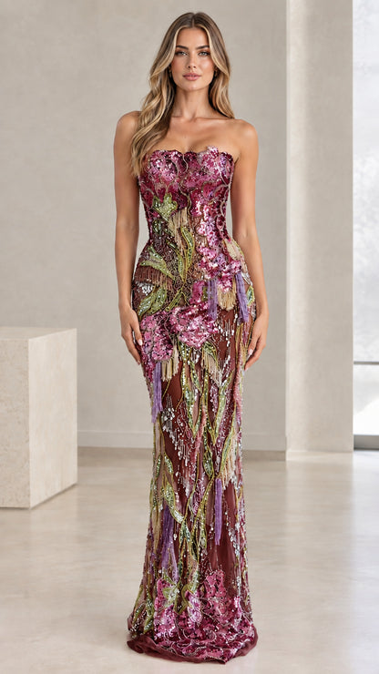 Front view of strapless floral sequin evening gown in Burgundy Multi