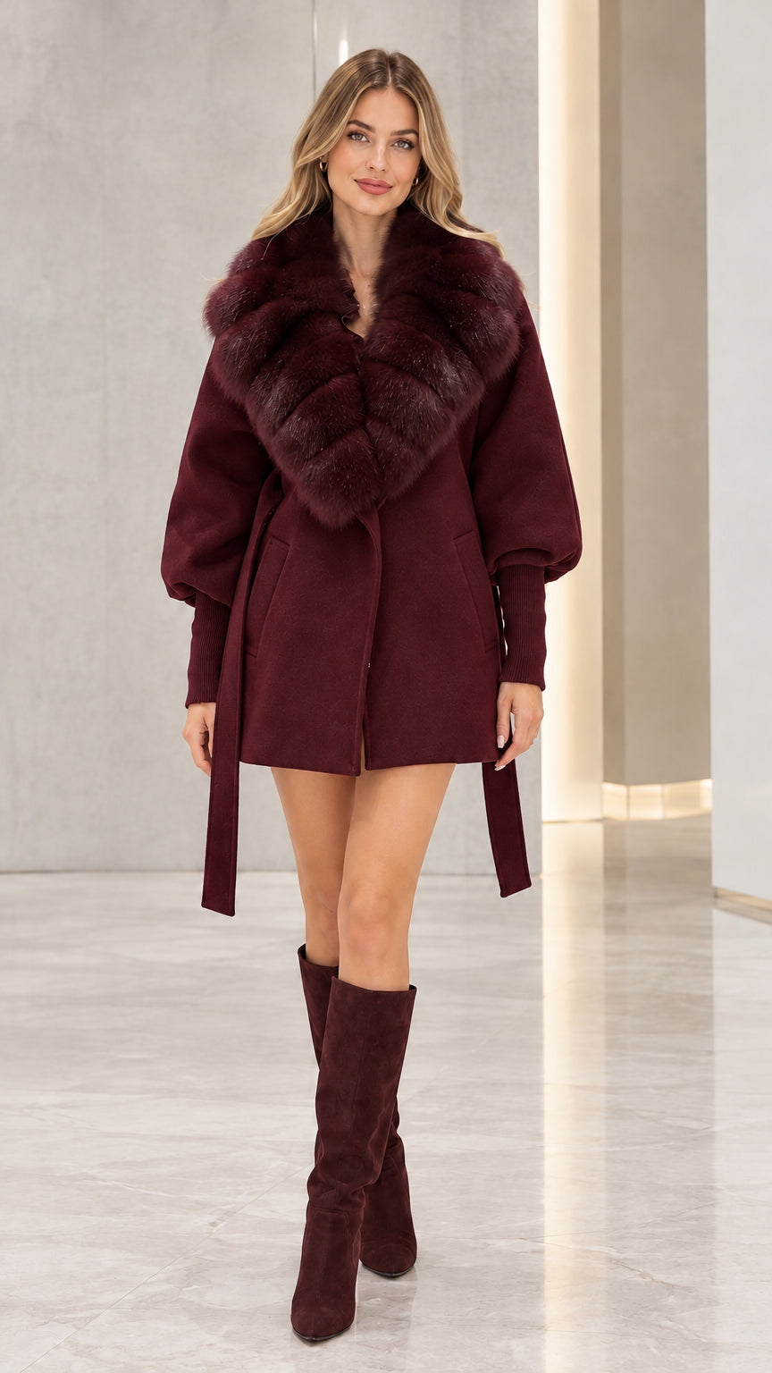 Front view of model wearing the deep burgundy wine belted faux fur coat