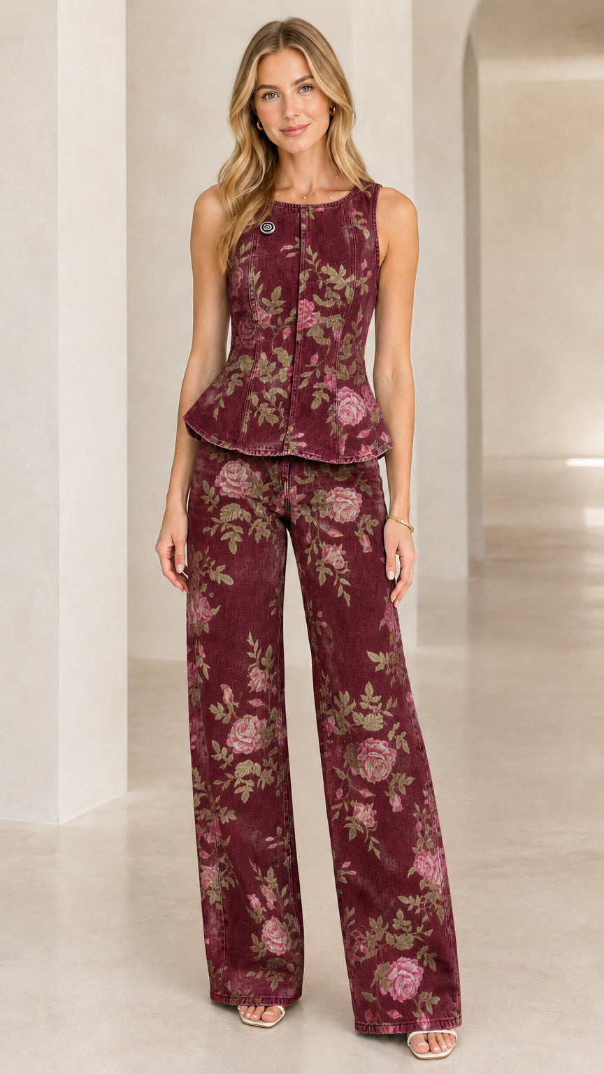 Burgundy floral denim matching peplum top and wide leg pants set