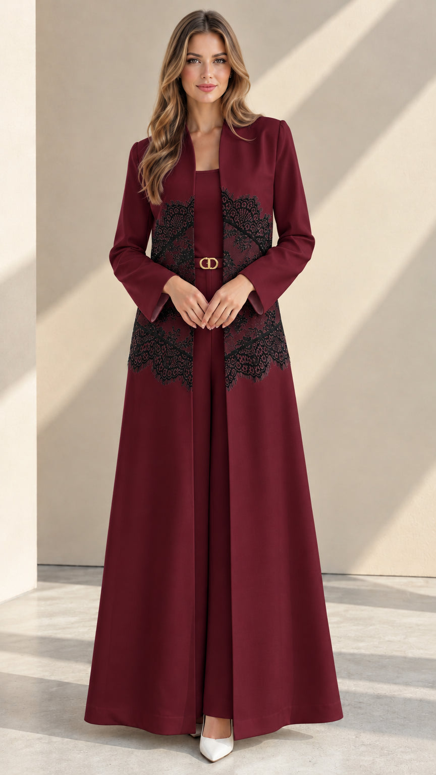 Burgundy wine formal evening pant set with contrast black lace