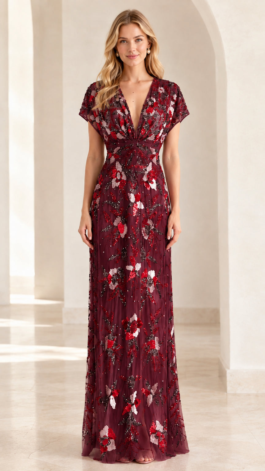 Front view of burgundy floral beaded V-neck evening gown