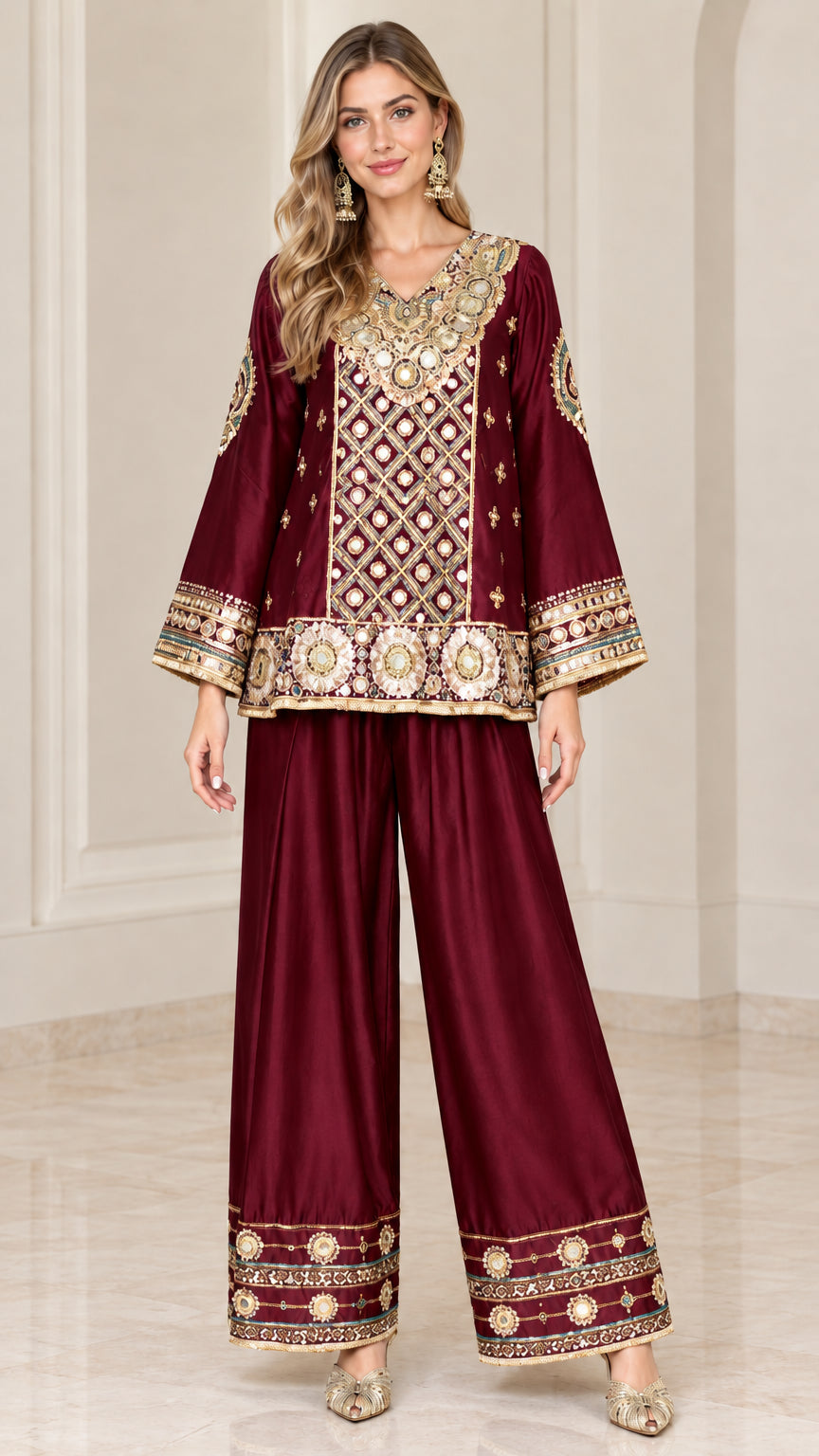 Front view of burgundy embroidered tunic top and wide-leg trousers set