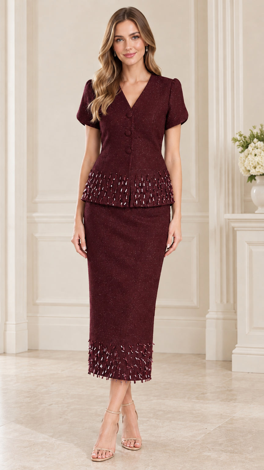Front full-length view of burgundy red beaded short sleeve two-piece skirt suit set