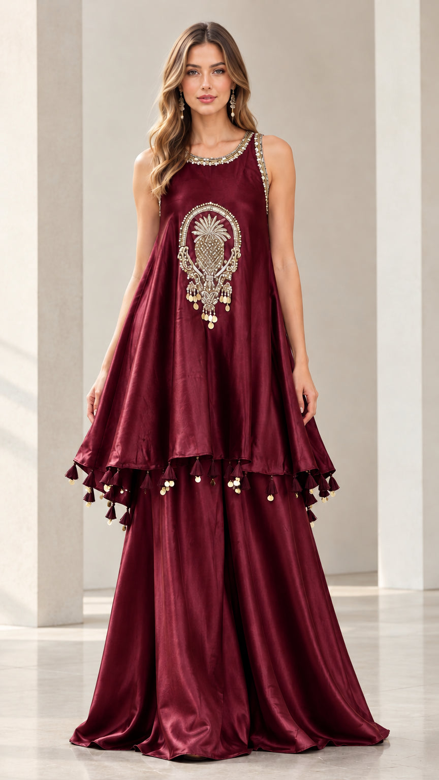 Front view of woman wearing Burgundy wine-red two-piece tunic and palazzo pants set