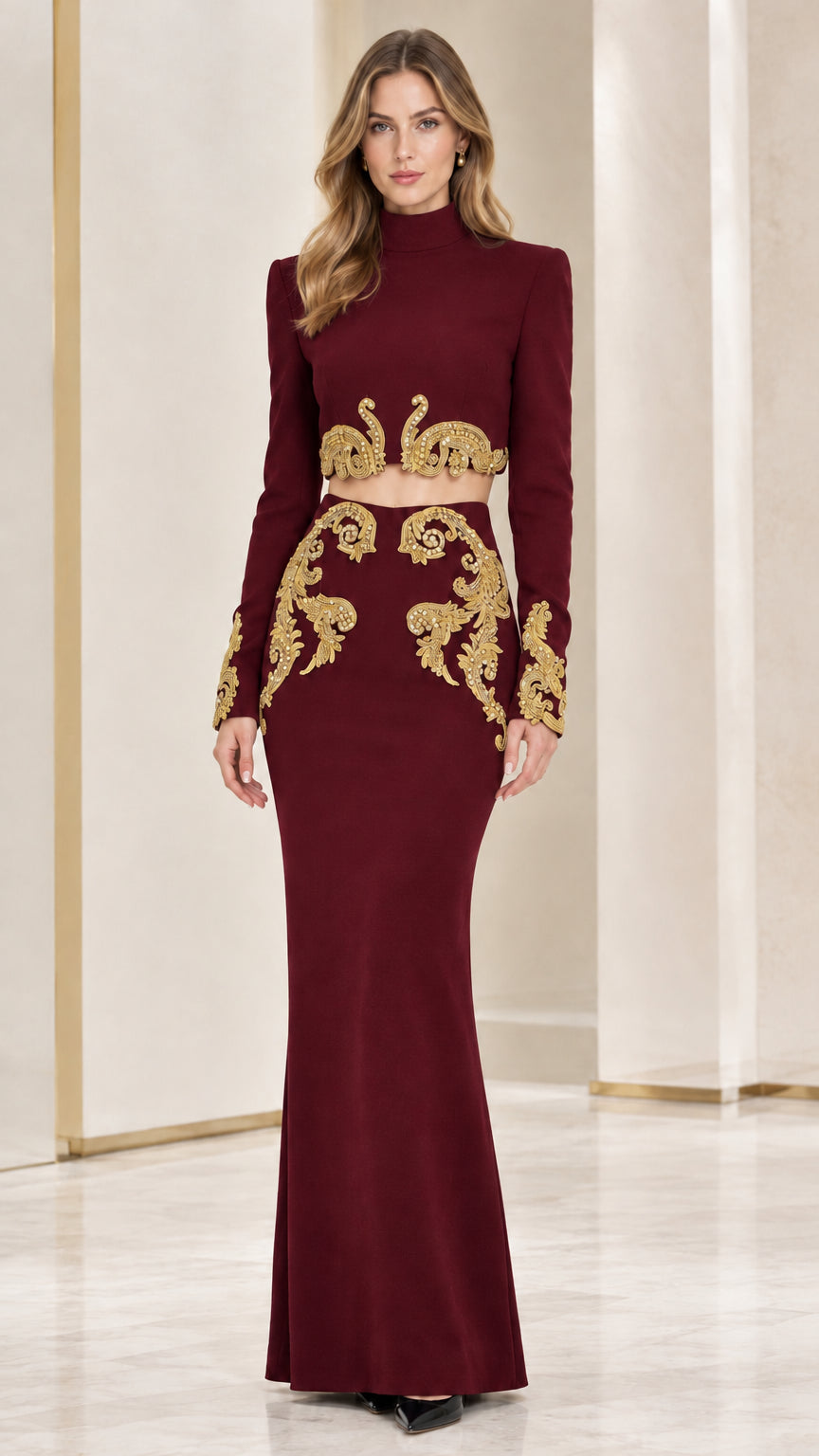 Front full-length view of Burgundy red two-piece evening dress with gold embroidery