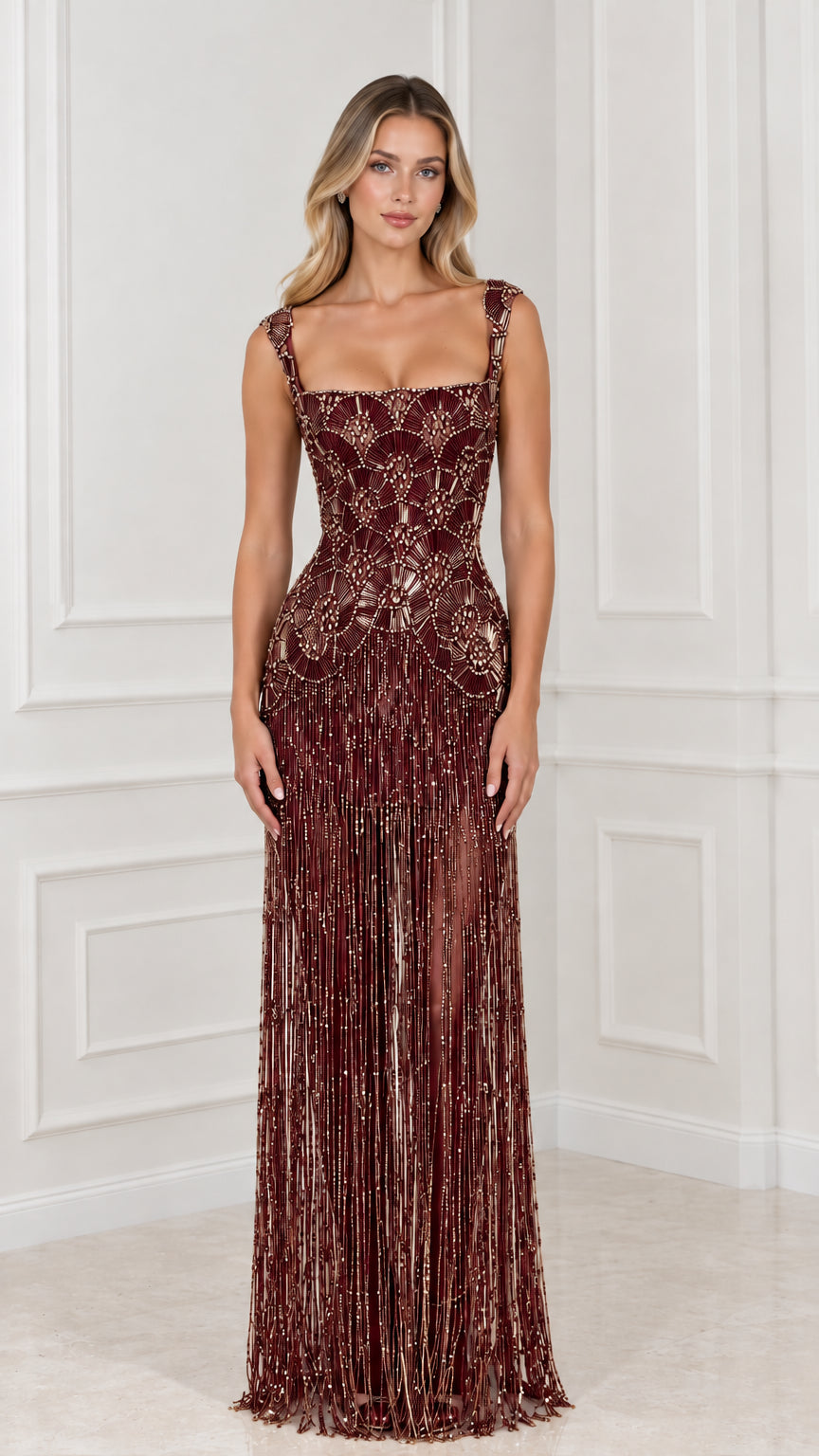 Front view of burgundy wine beaded fringe maxi formal gown