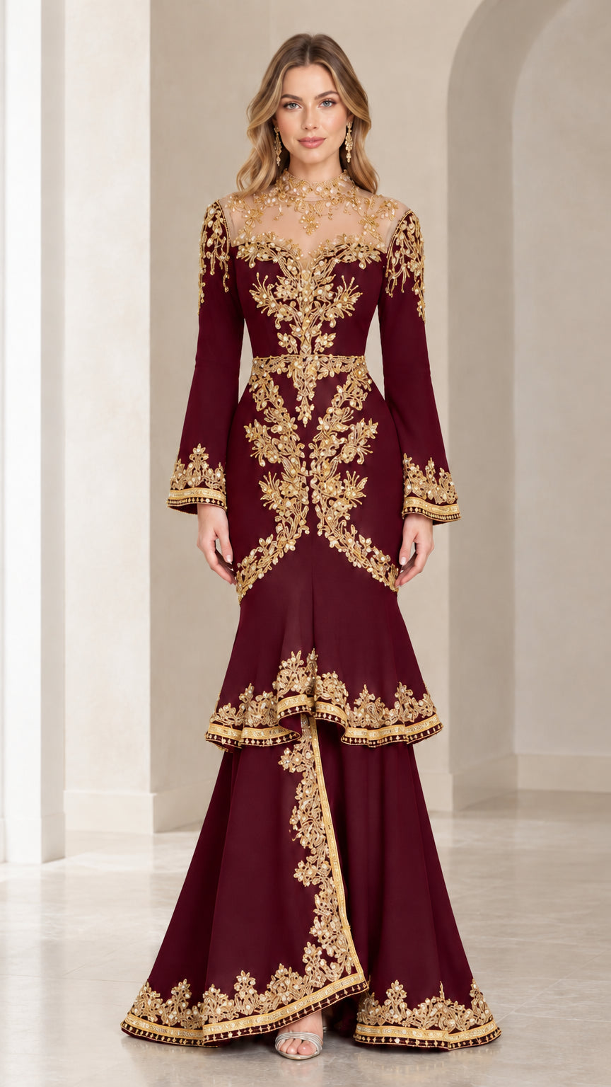 Burgundy wine red formal evening dress with gold floral embroidery