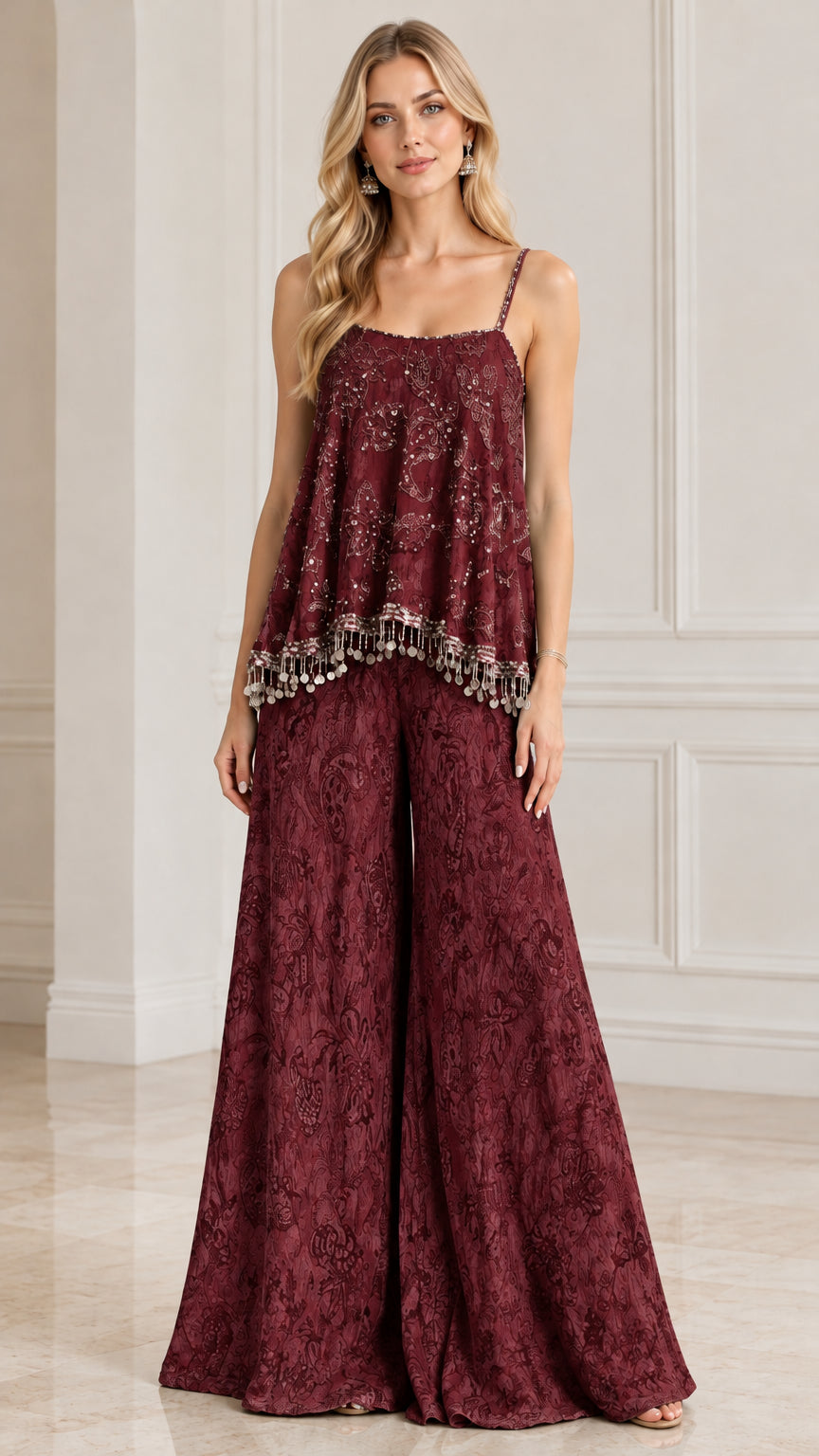 Burgundy wine red embellished camisole top with fringe trim and wide-leg pants set