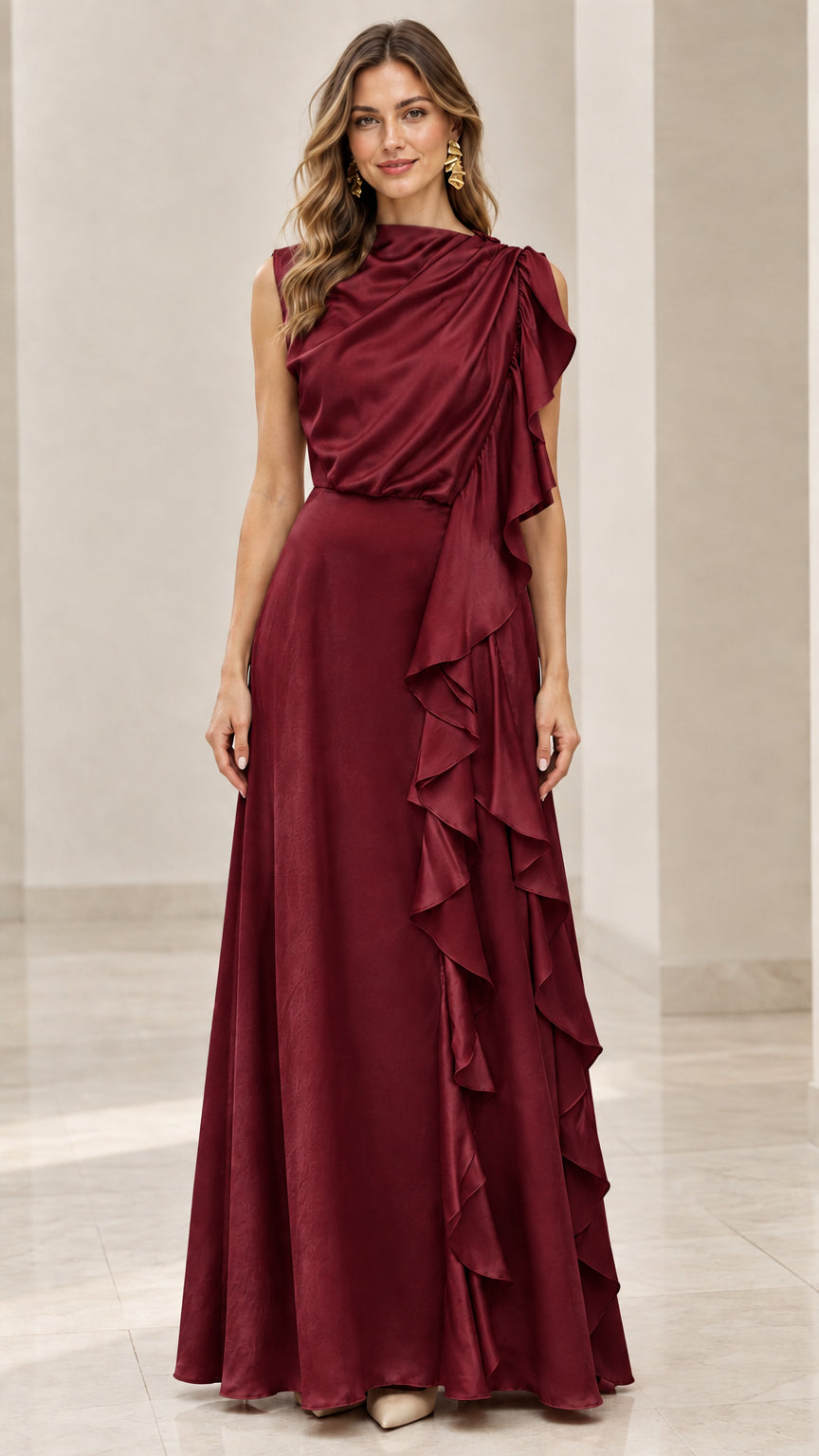 Model wearing the high-neck draped satin maxi dress in deep burgundy wine red