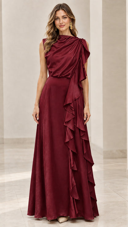 Model wearing the high-neck draped satin maxi dress in deep burgundy wine red