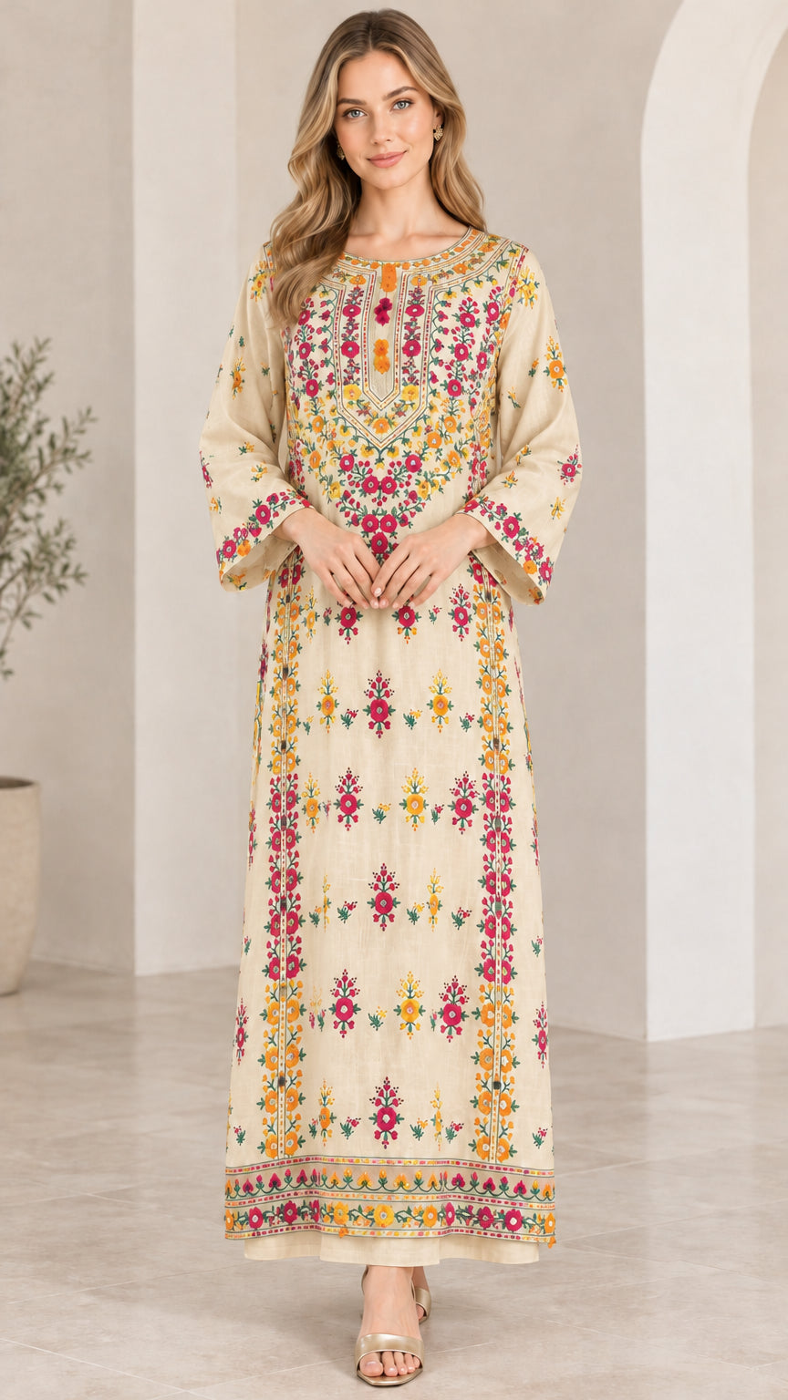 Front view of cream floral embroidered maxi kaftan dress